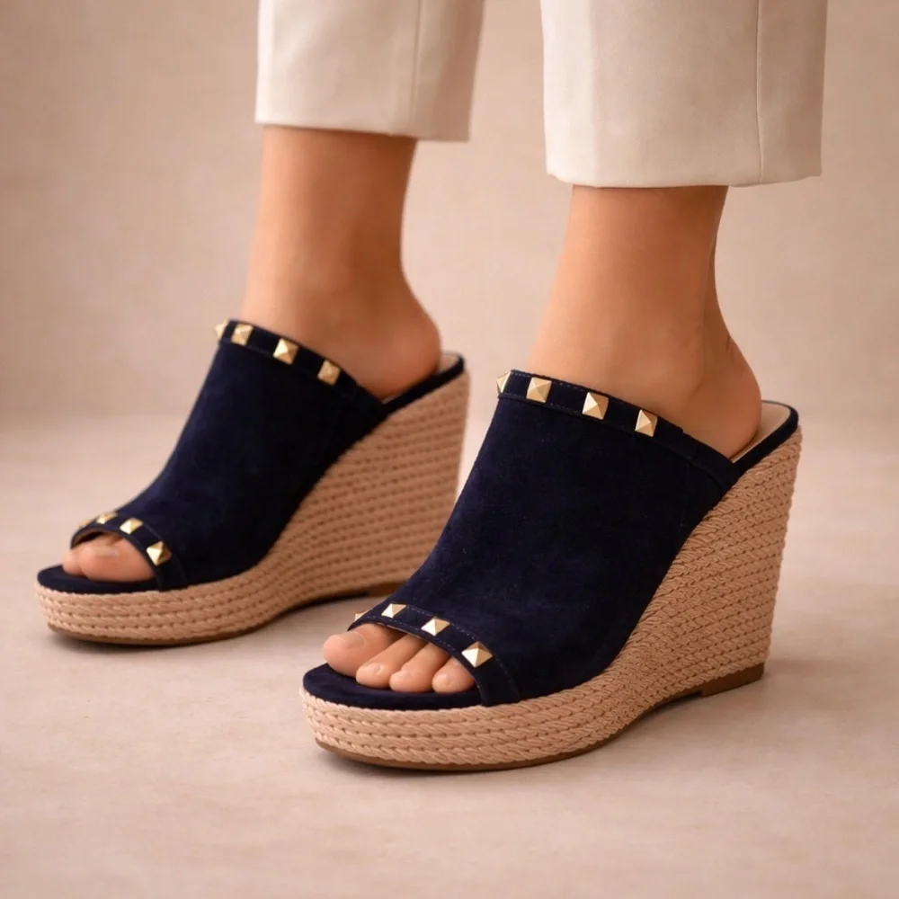 Marc Fisher Navy Suede Studded Wedge Slide Sandals Size 7.5